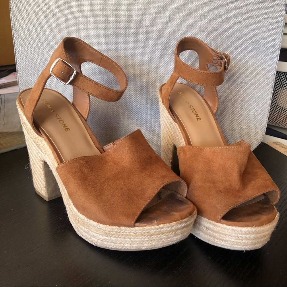 Sun & Stone platform espadrille Fey sandals block heel 4.25 cognac color 9